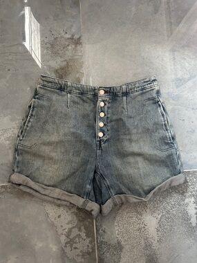 Free People Osaka Washed Blue High-Rise Button-Front Baggy Denim Shorts